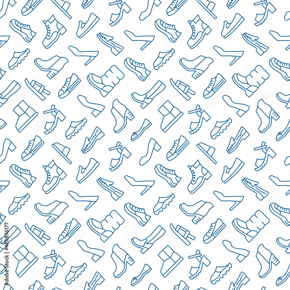 Woman shoe line seamless pattern. Boot, sandal, moccasin, slipper, mule flat sign. Vector background. Woman shoe line seamless pattern. Boot, sandal, moccasin, slipper, mule flat sign. Vector background.