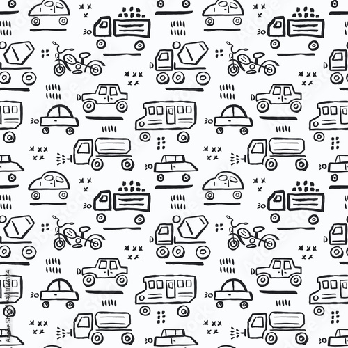 Black cars seamless pattern. Child vector illustration of road traffic.