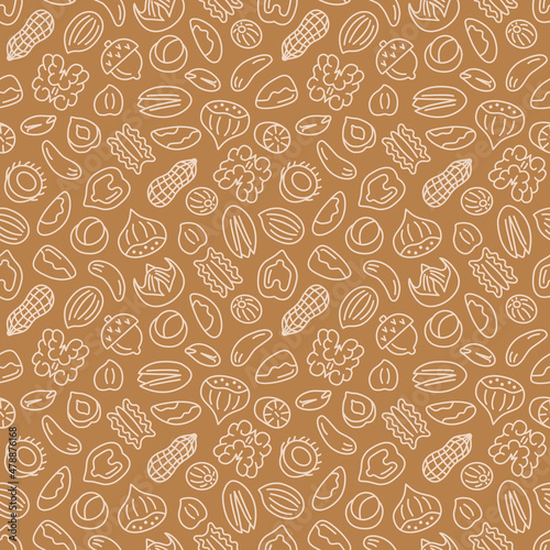 Nut seamless pattern. Flat line icon background with hazelnut, pecan, almond, chestnut, pistachio, walnut, peanut. Vector repetition background.