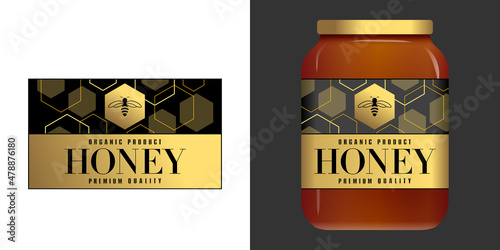 Etiquette chic et raffiné, or et noire pour un bocal d’un producteur de miel - texte anglais. photo