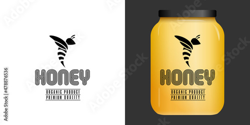 Packaging au design noir et sans fond pour un bocal d’un producteur de miel avec une typographie originale et  une abeille de profil - texte anglais.