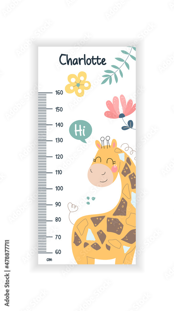 Kids height chart concept. Cute white ruler with smiling giraffe ...