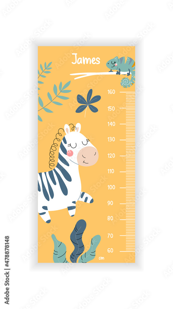 Fototapeta premium Kids height chart concept. Beautiful yellow ruler with cute zebra, chameleon on branch and tropical leaves. Growth measurement equipment. Cartoon flat vector illustration isolated on white background
