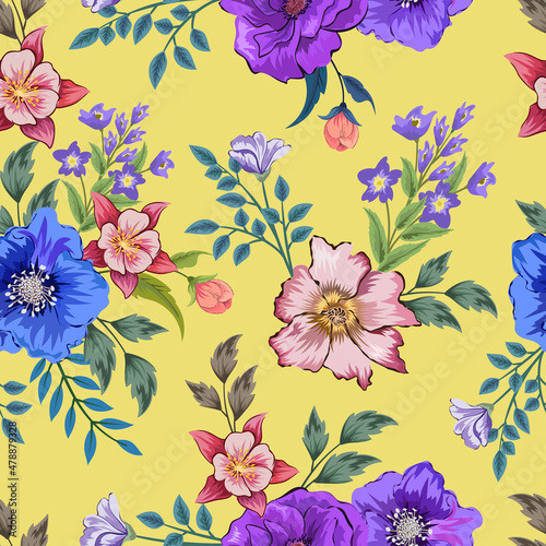 Elegant colorful seamless pattern with botanical floral design illustration.