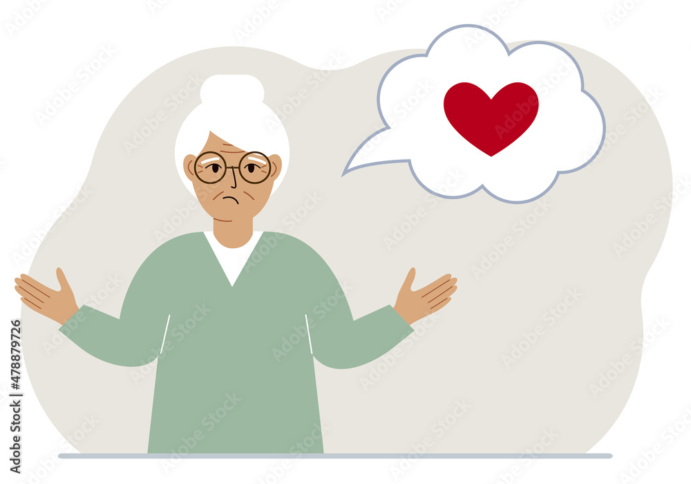 Sad grandmother thinks about love. In the balloon of thought is a red heart. Vector Sad grandmother thinks about love. In the balloon of thought is a red heart. Vector