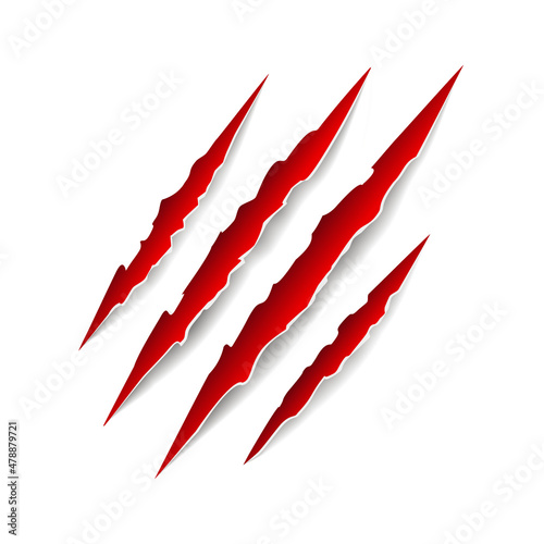 Red animal claw marks, scratches, talons cuts cat, tiger, dog, lion, monster isolated on white background. Vector realistic illustration. Design for animal print, banner, poster