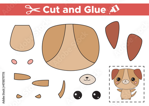Cut and glue dog. Educational paper game for preschool kids. Cutout and gluing to create the image. Cute cartoon kawaii puppy. Vector illustration.