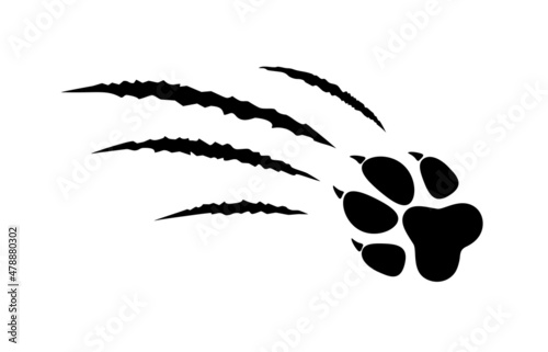 Animal paw print silhouette with claw marks, scratches, talons cuts cat, tiger, dog, lion, monster isolated on white background. Vector flat illustration. Design for animal print, banner, poster