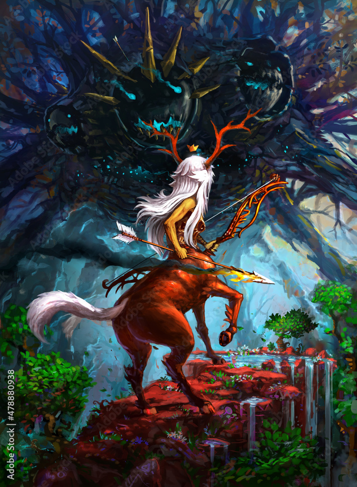 Fantasy illustration. hero pose, evel monster, magical forest, elfs