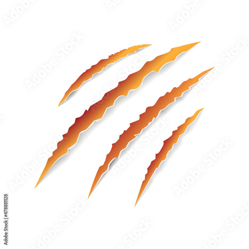 Orange color of animal claw marks, scratches, talons cuts cat, tiger, dog, lion, monster isolated on white background. Vector realistic illustration. Design for animal print, banner, poster