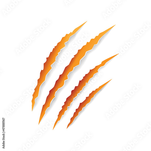 Orange color of animal claw marks, scratches, talons cuts cat, tiger, dog, lion, monster isolated on white background. Vector realistic illustration. Design for animal print, banner, poster