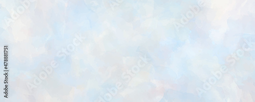 Vector watercolor art background with white clouds and blue sky. Hand drawn vector texture. Heaven. Pastel color watercolour banner. Template for flyers, cards, poster, cover.