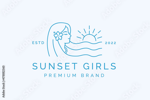Beauty girl mermaid logo with wave and sunset logo