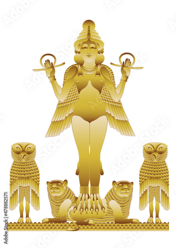 Queen of the Night. A likely representation of either Ereshkigal or Ishtar. Graphic concept of the Burney Relief. Southern  Mesopotamian. Old-Babylonian period. Dated it between 1800 - 1750 BCE photo