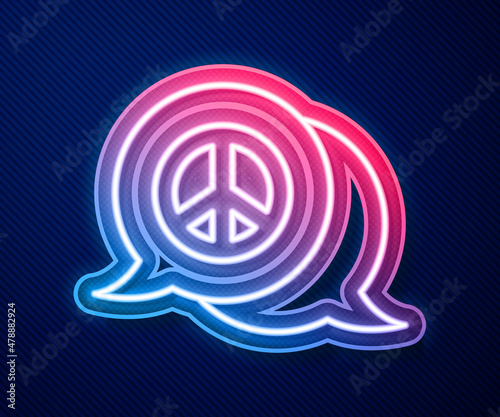 Glowing neon line Peace icon isolated on blue background. Hippie symbol of peace. Vector