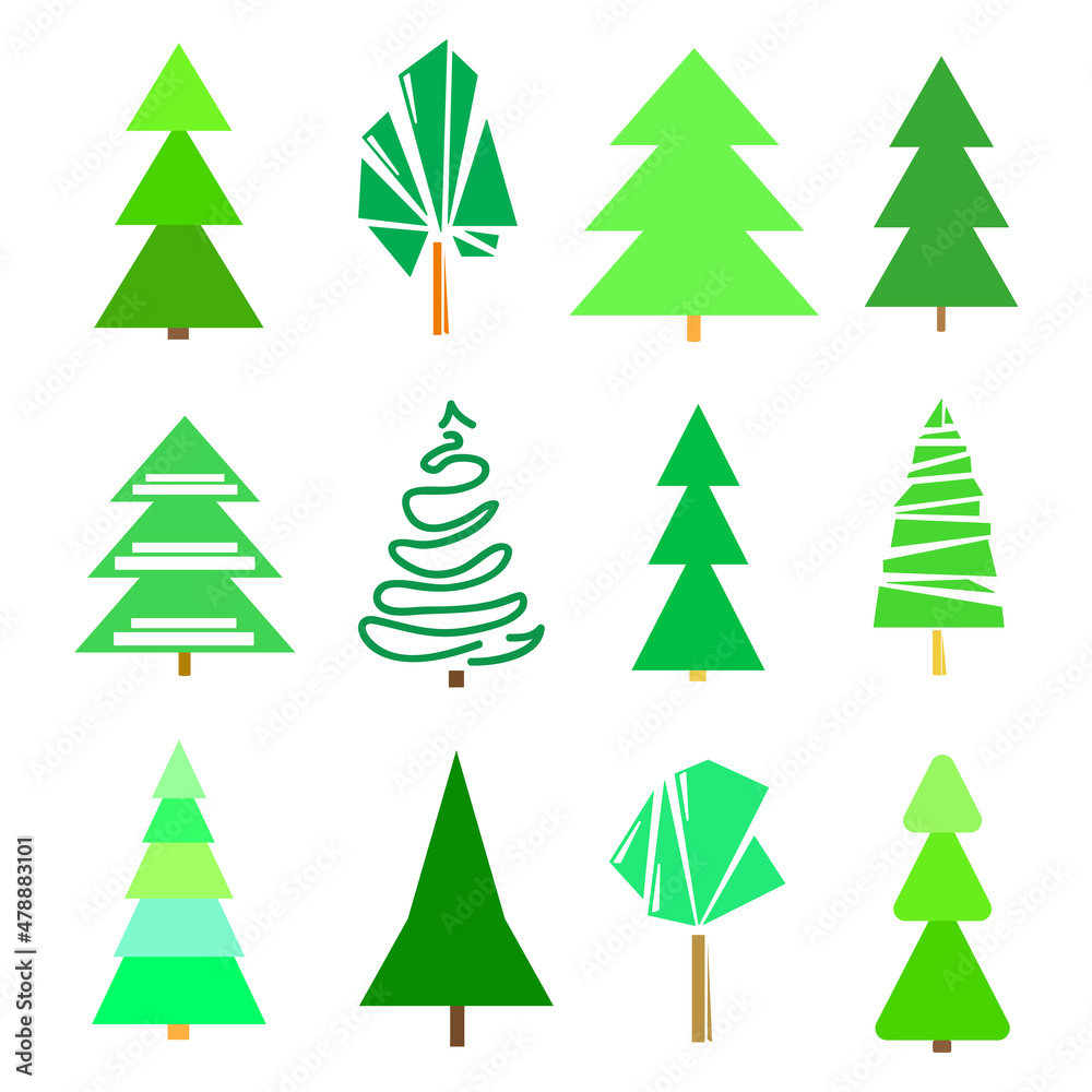 Obraz premium Green trees and christmas trees on white. Set for icons on isolated background. Geometric art. Universal collection for trendy design