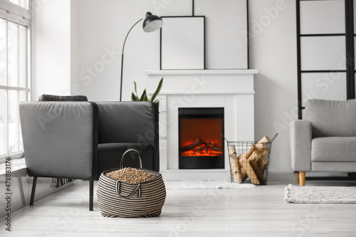 Bag with wood pellets near ...