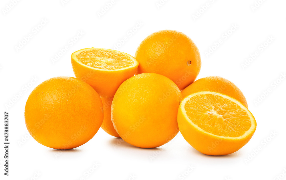 Fresh ripe cut oranges on white background Fresh ripe cut oranges on white background