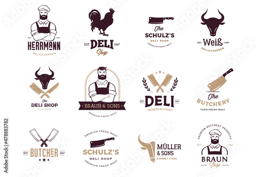 Butcher shop, gourmet, deli store logo design. Hipster butcher, knifes and cow symbols photo
