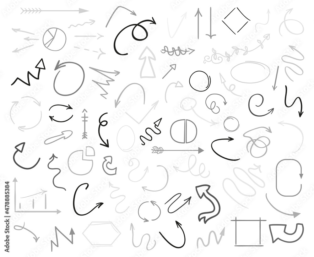 Linear shapes on white. Chaos scribble sketches. Tangled arrows. Backgrounds with array of lines. Black and white illustration. Doodles for design and business Linear shapes on white. Chaos scribble sketches. Tangled arrows. Backgrounds with array of lines. Black and white illustration. Doodles for design and business