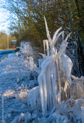 Low Freezing Temperature form large icicles in hedgerows and ice sculptures by the roadside on A120 in Bishops Stortford Hertfordshire photo