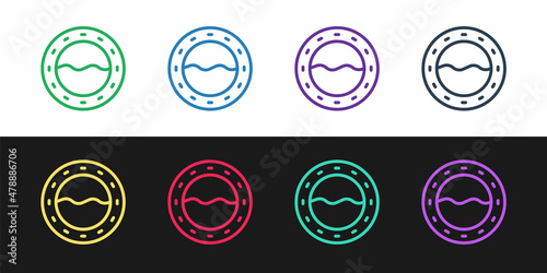 Set line Ship porthole with rivets and seascape outside icon isolated on black and white background. Vector