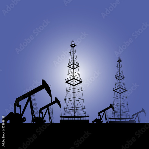 Oil pumps and oil rigs power industrial machines for increasing profits with fog and light. Energy industrial concept. Detailed diagram 