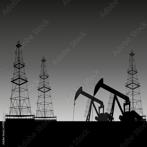 Oil pumps and oil rigs power industrial machines to increase profits using fog and light. Energy industrial concept. Detailed diagram, vector illustration