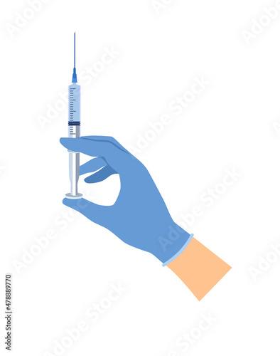 Concept of vaccination. Hand in blue medical glove holds syringe with vaccine. Doctor preparing to make preventive injection from covid. Cartoon flat vector illustration isolated on white background