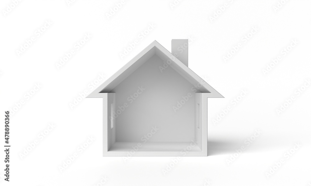 White small empty house in cross section. Real estate concept or symbol - simple 3d house isolated on white background. 3d illustration White small empty house in cross section. Real estate concept or symbol - simple 3d house isolated on white background. 3d illustration