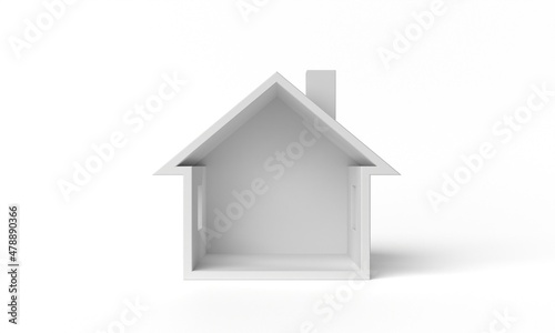 White small empty house in cross section. Real estate concept or symbol - simple 3d house isolated on white background. 3d illustration