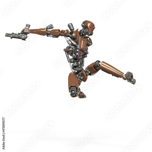 droid soldier is jumping fast in action and holding a pistol