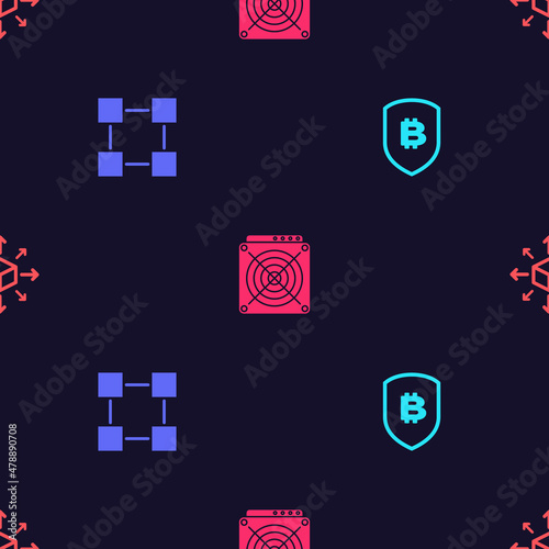 Set Shield with bitcoin, Blockchain technology, ASIC Miner and Distribution on seamless pattern. Vector