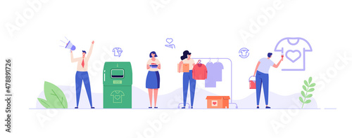 Volunteer group collecting donations. Charity organization donating clothes for poor people. Concept of clothing donations, volunteer help, donate clothes. Charity campaign vector flat illustration