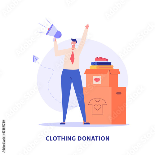 Man shouting into megaphone for donation. Volunteer collecting donation clothes for poor people. Concept of clothing donations, volunteer help, donate clothes. Charity campaign vector flat design