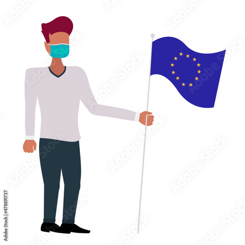 Person with corona face mask holding a flag of Europe