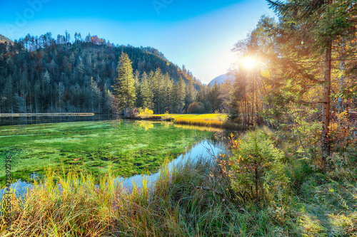 Fabulous autumn scene of Schiederweiher pond. photo