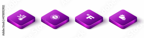 Set Isometric Thermometer with snowflake, UV protection, Fahrenheit and and cloud, sun icon. Vector