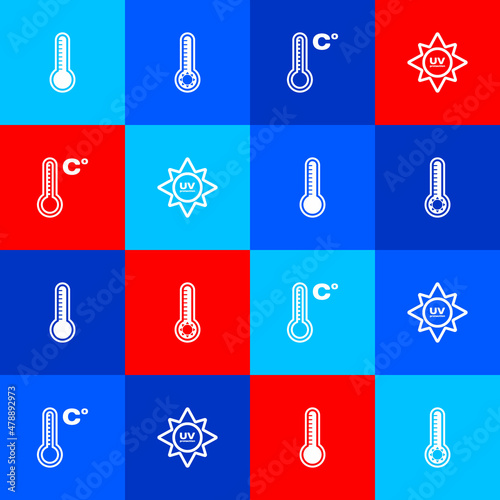 Set Meteorology thermometer, , and UV protection icon. Vector