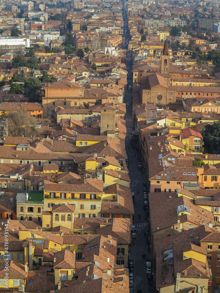 An aerial view of Bologna's cityscape as seen from the Asinelli Tower.