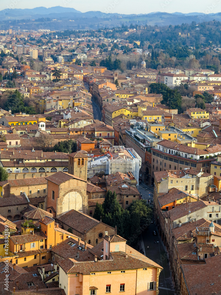 An aerial view of Bologna's cityscape as seen from the Asinelli Tower.