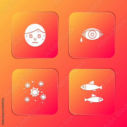 Set Man with excessive sweating, Reddish eye allergic conjunctivitis, Bacteria and Fish icon. Vector