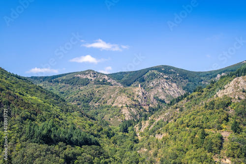 France, Ardèche (07), vue dans le massif du Tanargue et la tour de Saint-Laurent-les-Bains.