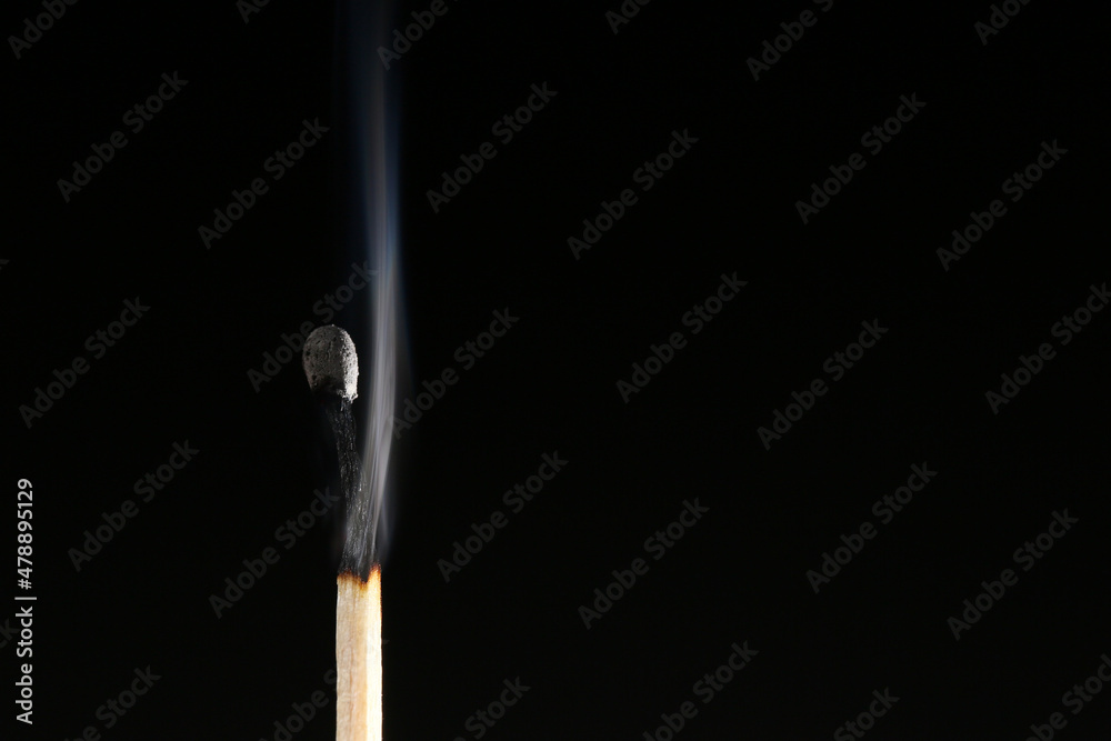 Fototapeta premium A match burned with an orange flame and produces heat 