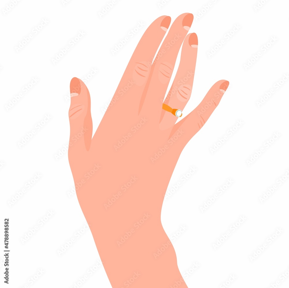 Elegant female hand showing the engagement ring with a sparkling diamonds. Trendy hand-drawn vector cartoon flat illustration isolated on white background. Elegant female hand showing the engagement ring with a sparkling diamonds. Trendy hand-drawn vector cartoon flat illustration isolated on white background.