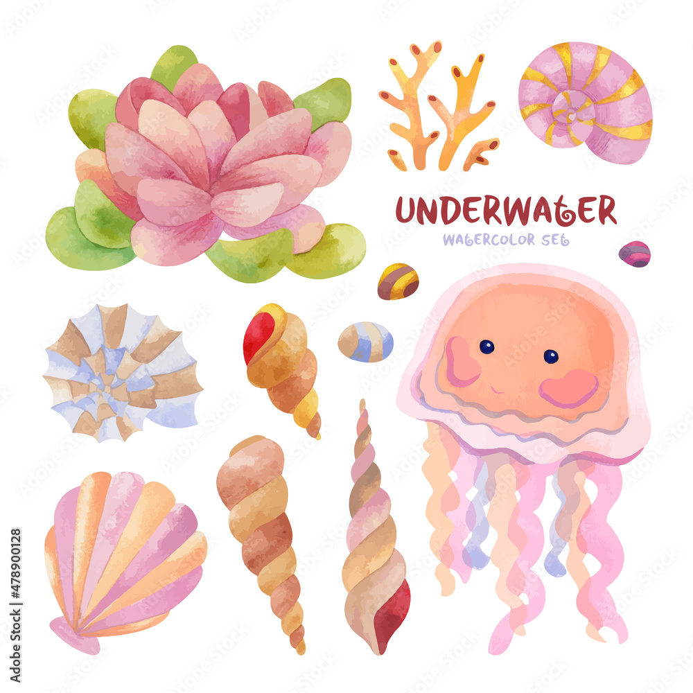 Watercolor sea set with cute sea creatures. Cute jellyfish, lotos and shells