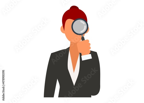 Female internal auditor holding magnifying glass. Simple flat illustration