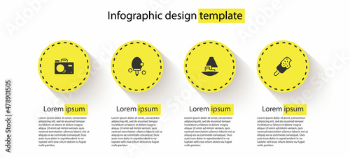 Set Photo camera, Racket, Toy boat and Ice cream. Business infographic template. Vector