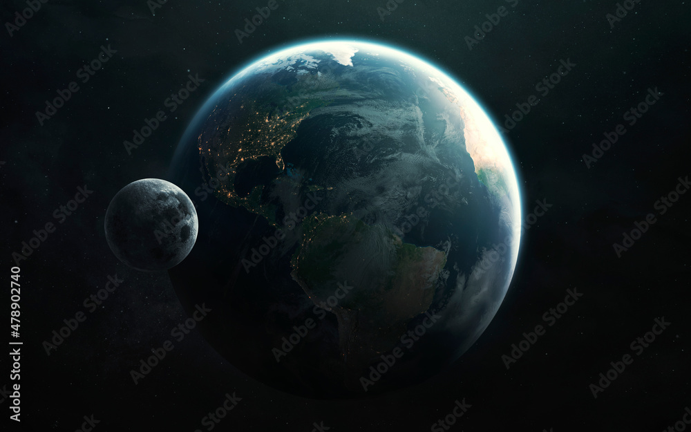 North and South America. Planet Earth and Moon view from space. Elements of image provided by Nasa