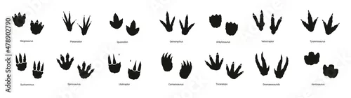 Fototapeta samoprzylepna Dinosaur footprint set in black color. Stegosaurus, tyrannosaurus, iguanodon, utahraptor, pteranodon